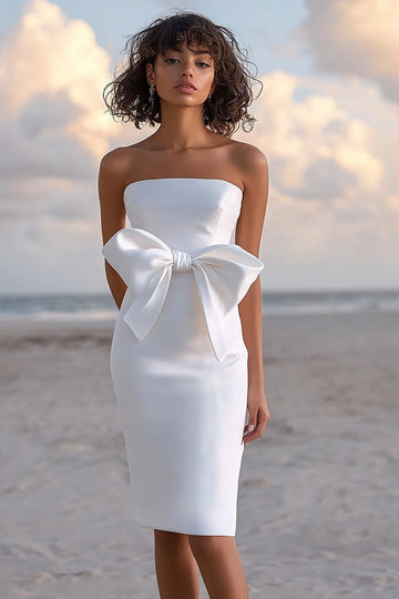 Strapless Satin White Graduation Dress With Bow